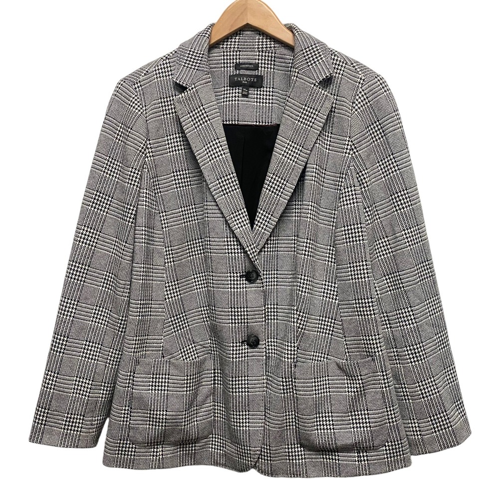 Talbots Aberdeen Womans Plus 14W Houndstooth Blazer Black White 2 Buttons Career